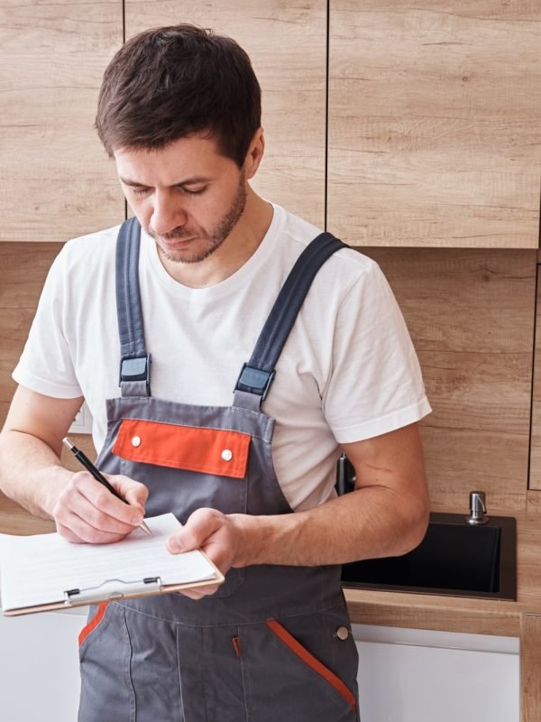 Plumber signs a contract for the services in the kitchen