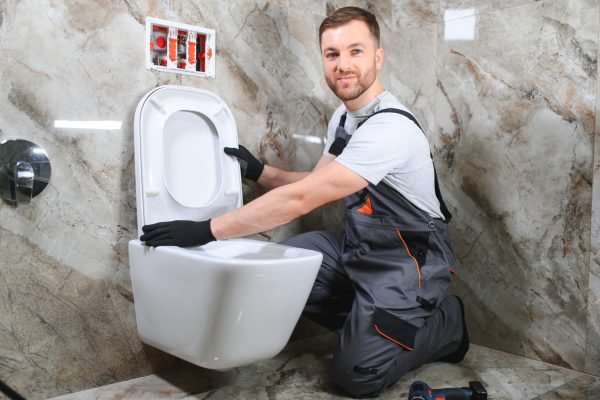 Professional plumber working with toilet bowl in bathroom